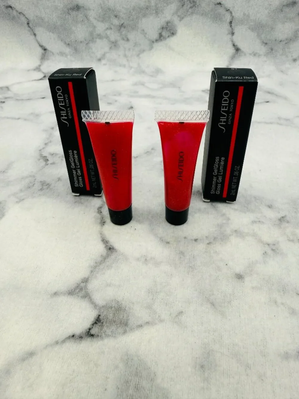 Shiseido Beauty Gift Set-Shimmer Gel Gloss 07 Shin-Ku Red,Travel-2pc-BOXED-NEW